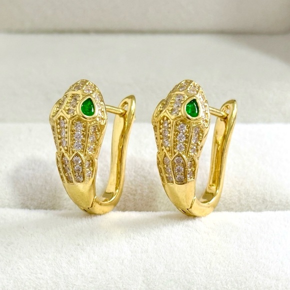 Jewelry - 14K Gold-Plated Zircon Green Eye Snake Earrings
